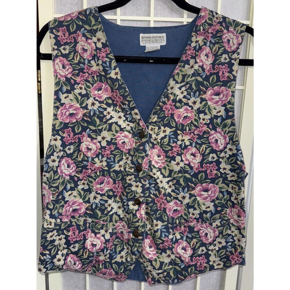 Vintage Banana Republic Safari & Travel Floral Cotton Denim Printed Jean‎ Vest M